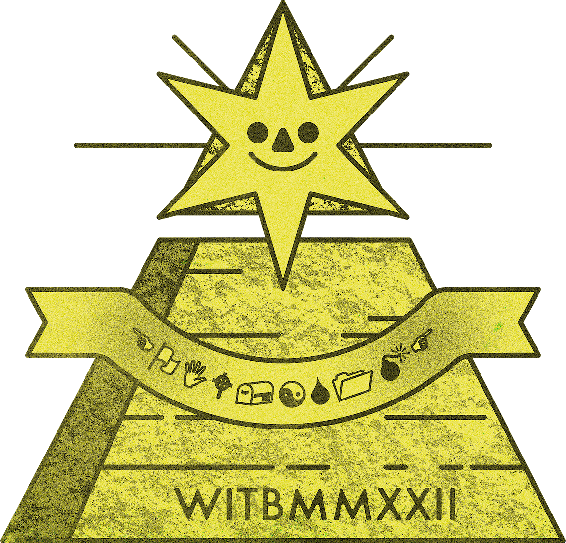 A yellow illustration of the illuminati pyramid.